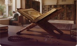 Open Quran resting on a wooden stand
