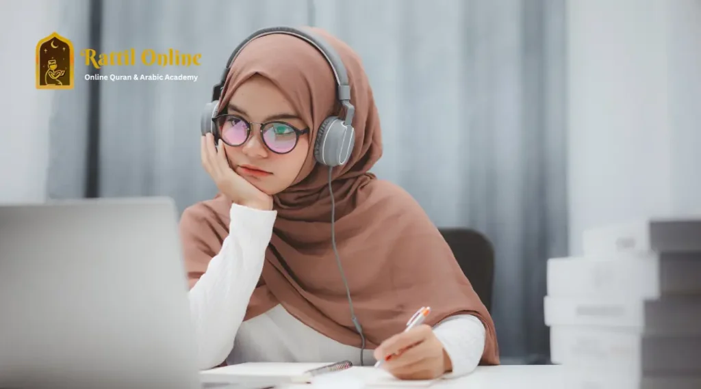 Woman attending islamic classes online with a Quran teacher Woman attending islamic classes online with a Quran teacher