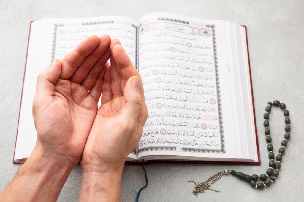 top view islamic new year with quran book Quran online for adults