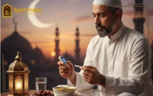 A man sitting in front of his Ramadan iftar meal while holding a blood glucose meter before eating, illustrating the topic Can You Fast in Ramadan If You Have Diabetes?