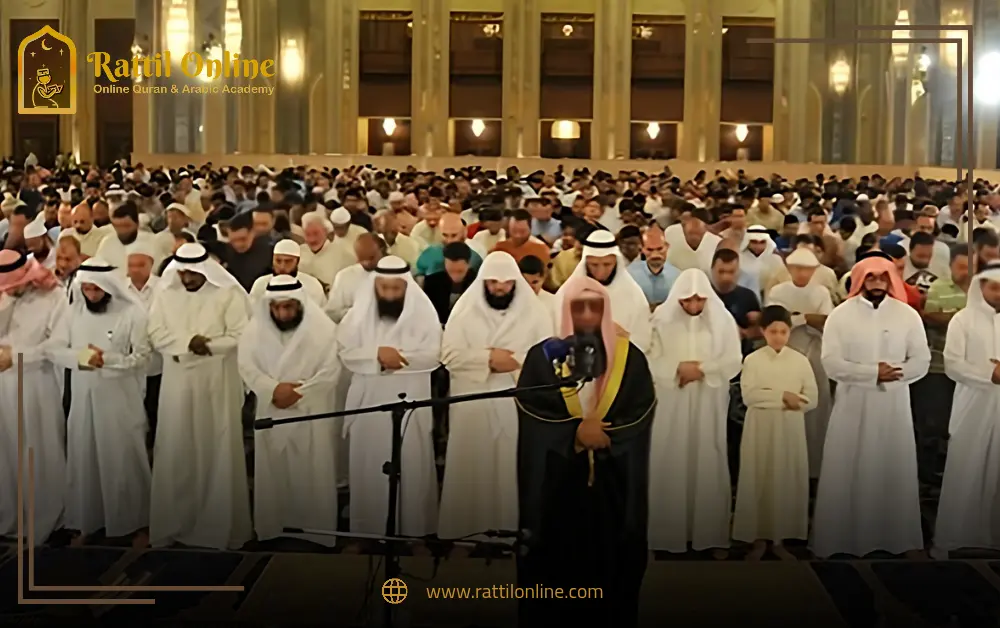 Learn Quran 20260215 204535 ٠٠٠٠ Muslims standing in Taraweeh prayer at the mosque during Ramadan answering the question Do you have to pray taraweeh everyday in Ramadan