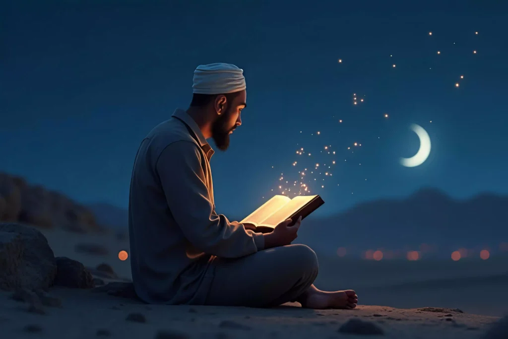 A man sits in a peaceful desert under a crescent moon, wondering how many hours to read the Quran while glowing light rises from the pages.