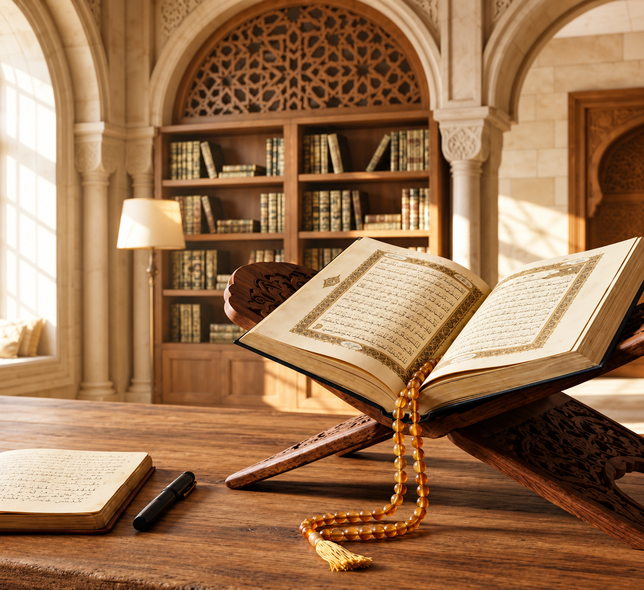 Open Quran on a wooden stand